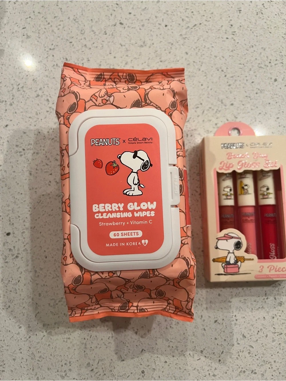 Peanuts x Celavi Berry Glow Cleansing Wipes and lip gloss